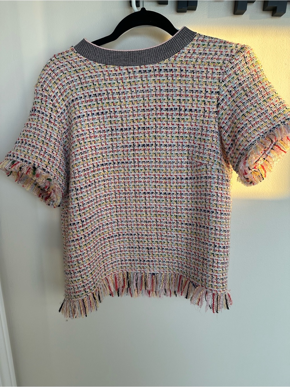 ZARA Woman Multicolor Tweed Fringe Short Sleeve Top - Pink, Blue, Yellow, Black